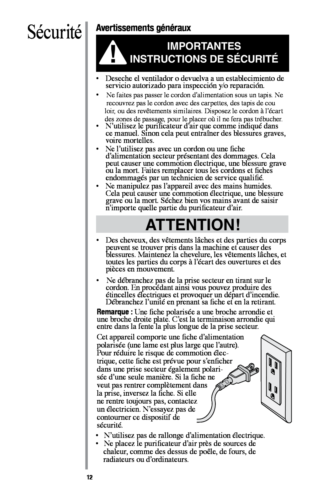 Oreck AIR94 manual Avertissements généraux, Importantes Instructions De Sécurité 