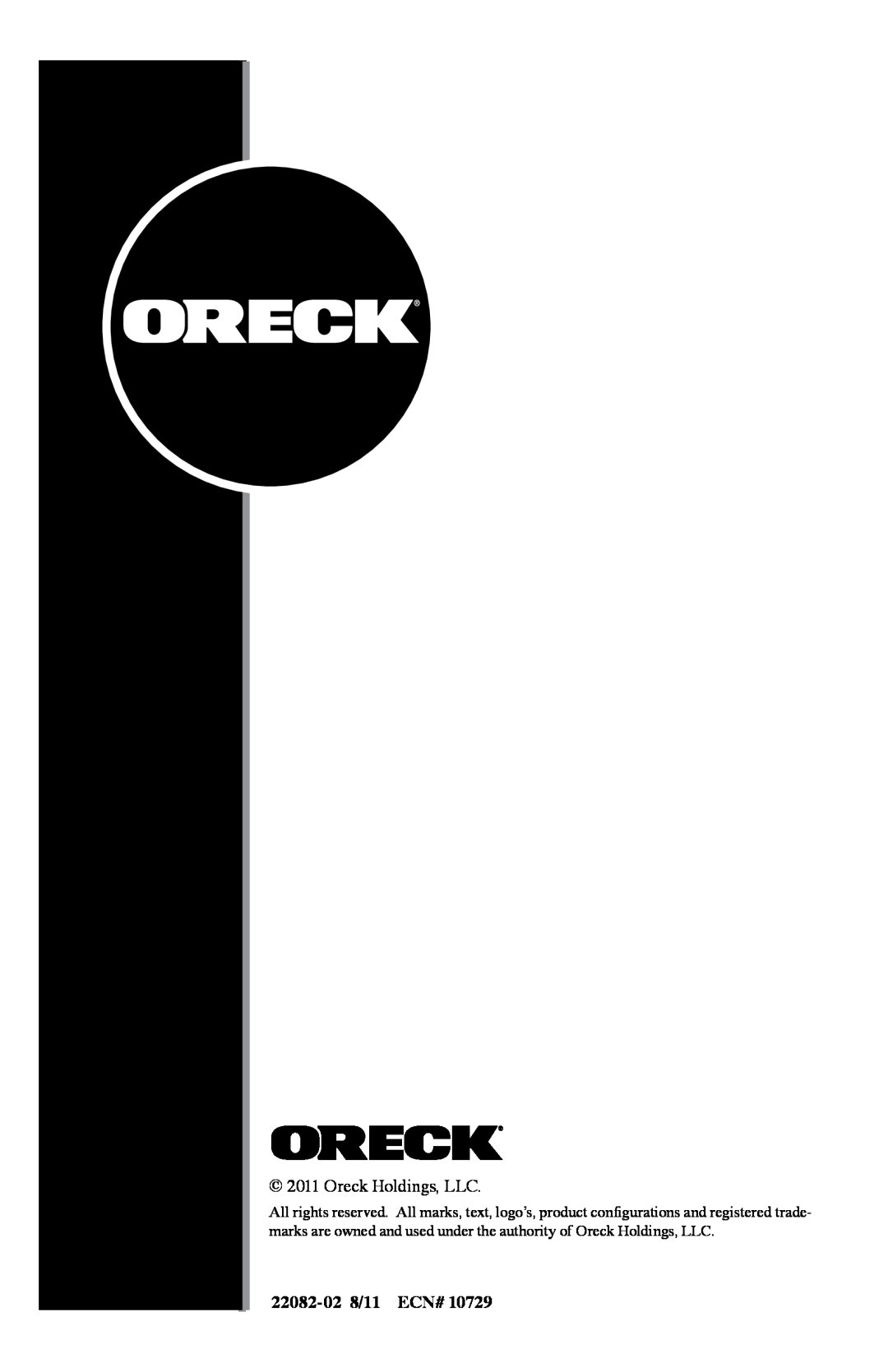Oreck AIR94 manual Oreck Holdings, LLC, 22082-028/11 ECN# 