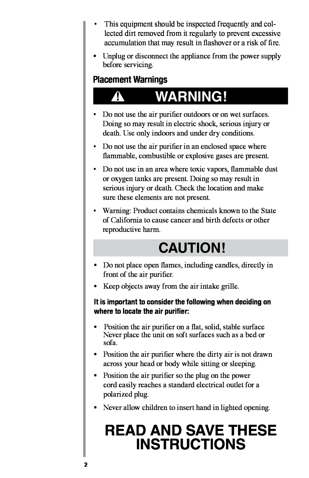 Oreck AIR94 manual Placement Warnings, Read And Save These Instructions 
