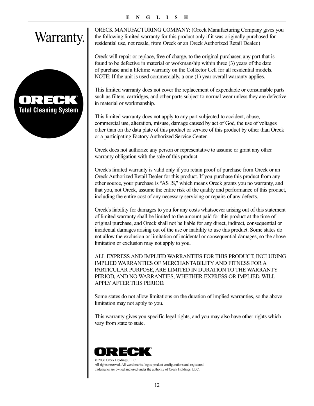 Oreck AIRP Series manual Warranty, Oreck Holdings, LLC 