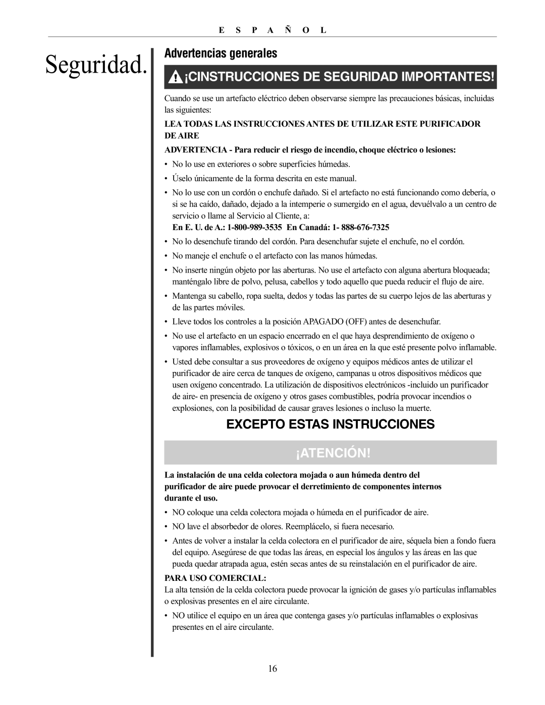 Oreck AIRP Series manual Seguridad, Advertencias generales 