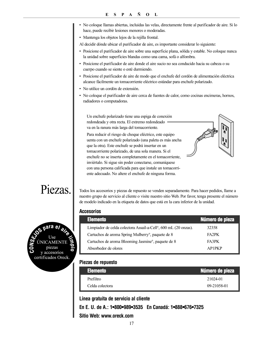 Oreck AIRP Series manual Accesorios, Elemento, Piezas de repuesto 