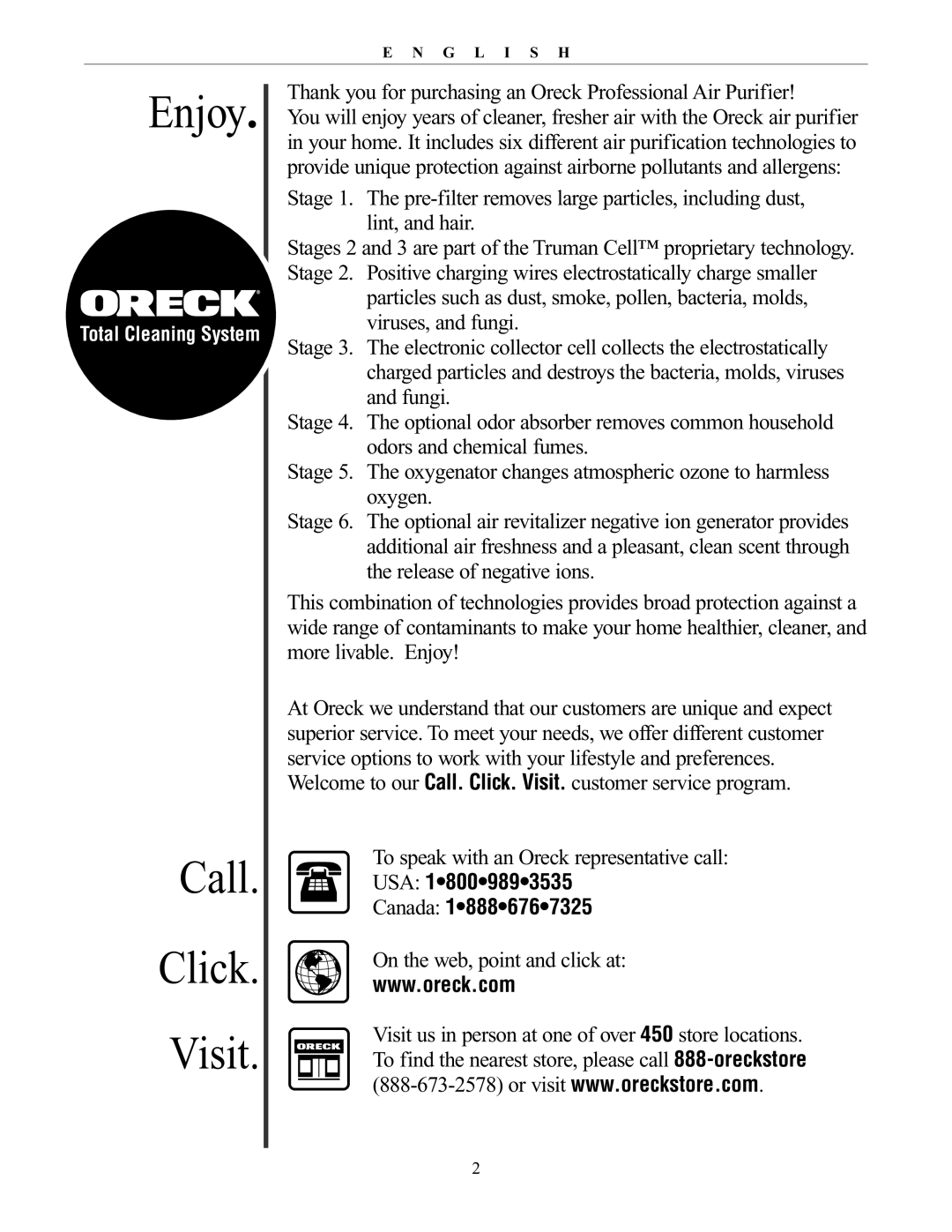 Oreck AIRP Series manual Enjoy, Call Click Visit, USA Canada 