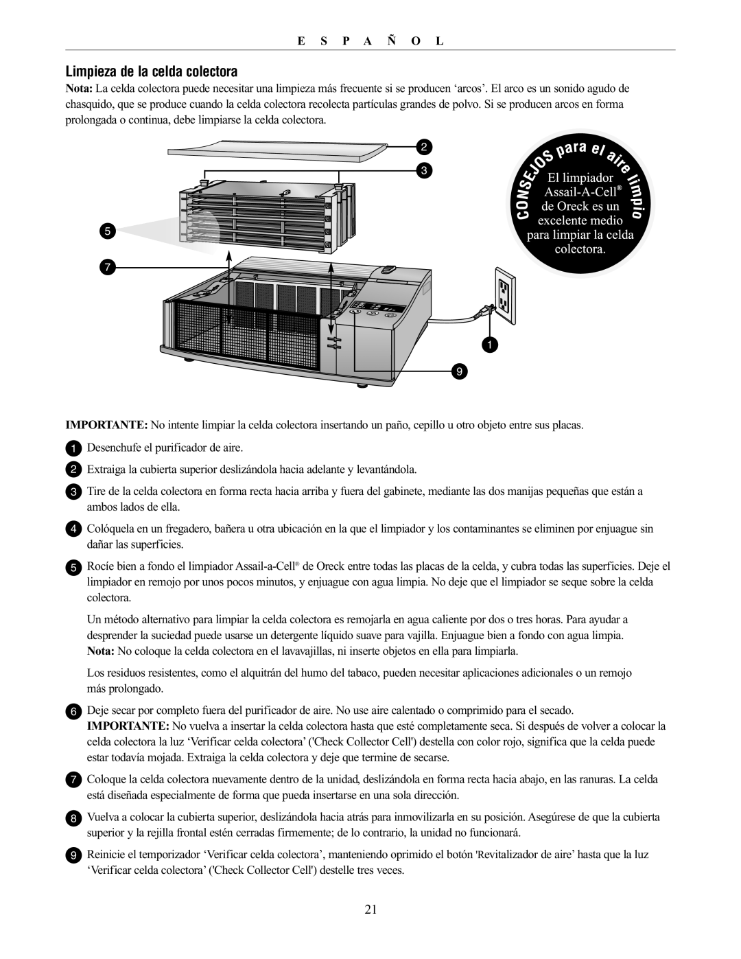 Oreck AIRP Series manual Limpieza de la celda colectora 