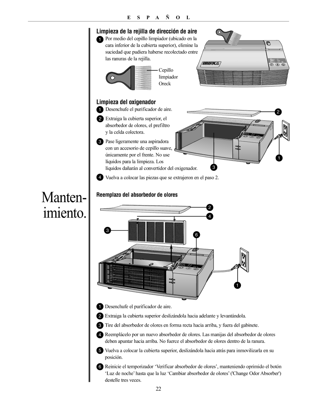 Oreck AIRP Series manual Limpieza de la rejilla de dirección de aire, Limpieza del oxigenador 