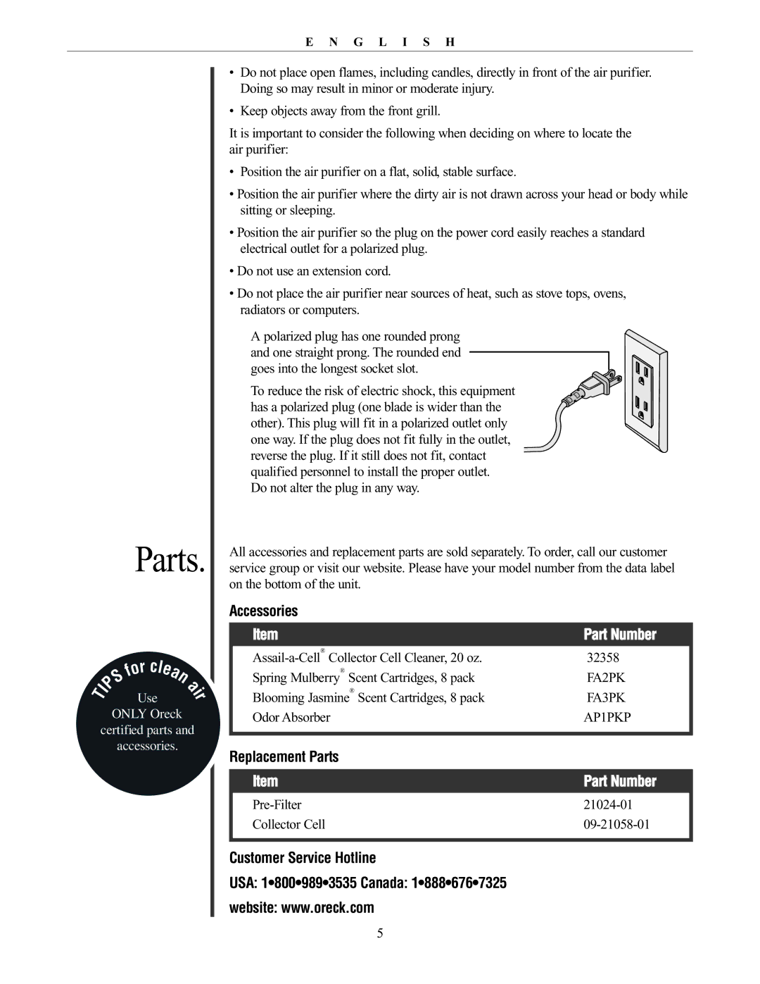 Oreck AIRP Series manual Accessories, Part Number, Replacement Parts, Customer Service Hotline 