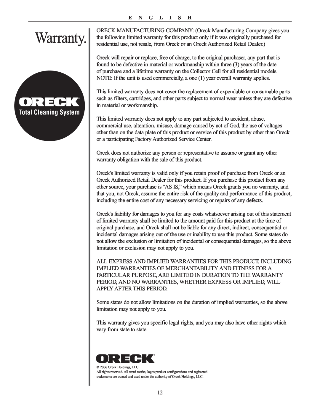 Oreck AIRP Series manual Warranty, Total Cleaning System 