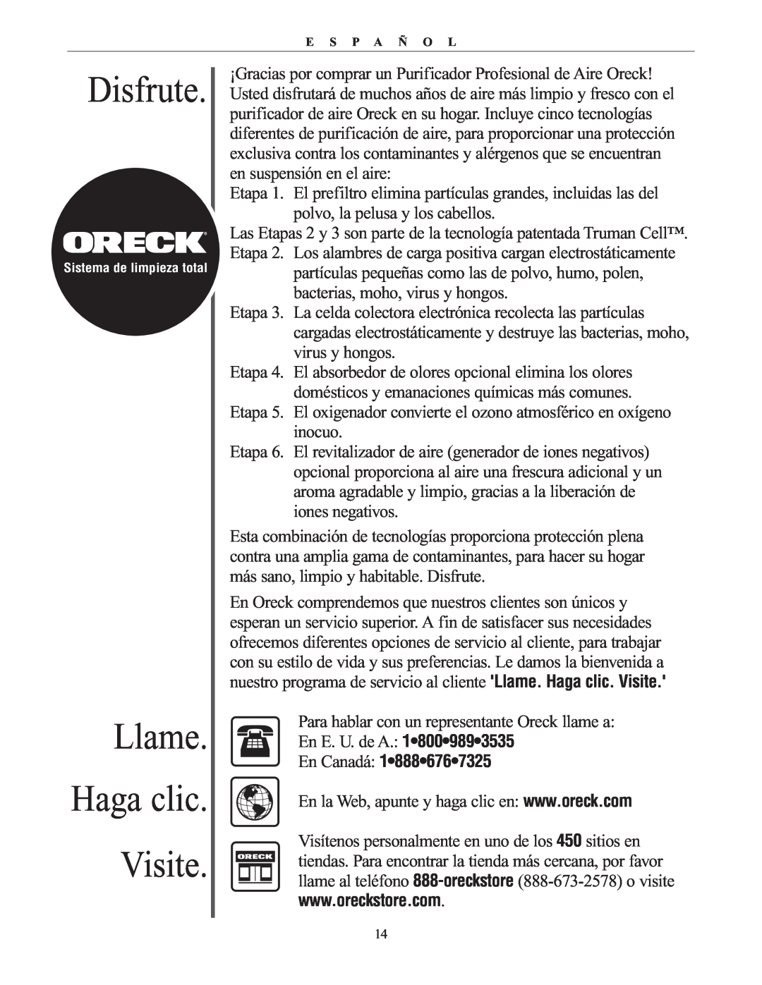 Oreck AIRP Series manual Disfrute, Llame Haga clic Visite, En Canadá 1 