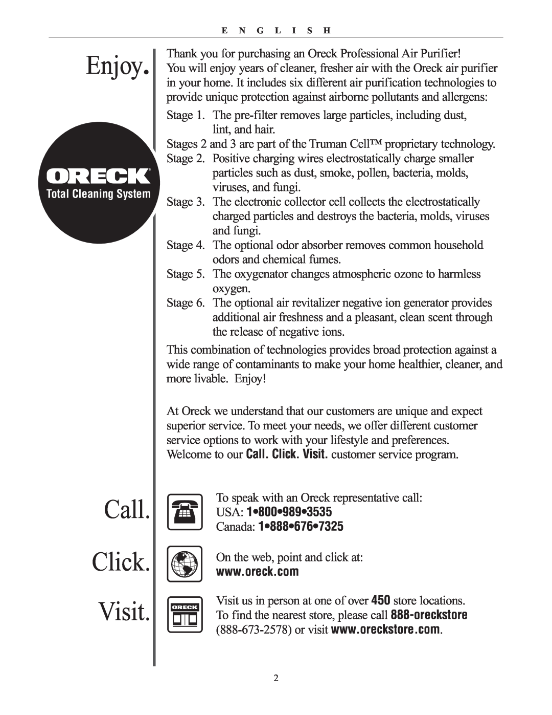 Oreck AIRP Series manual Enjoy, Call Click Visit, USA 18009893535 Canada 