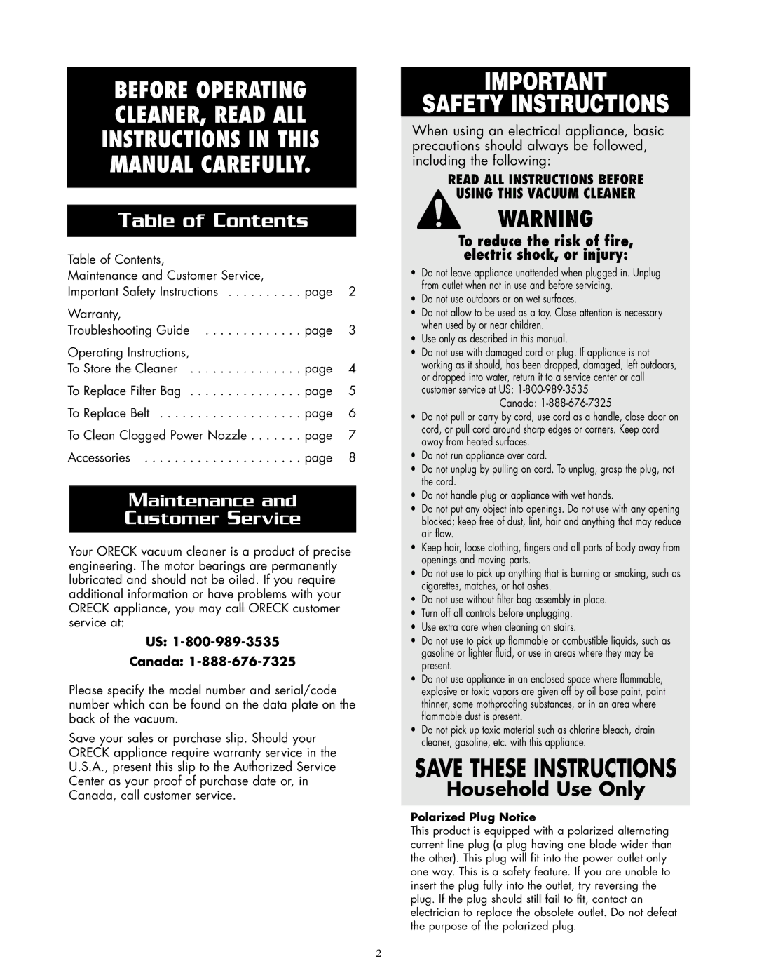 Oreck APU255 warranty Safety Instructions, Table of Contents 