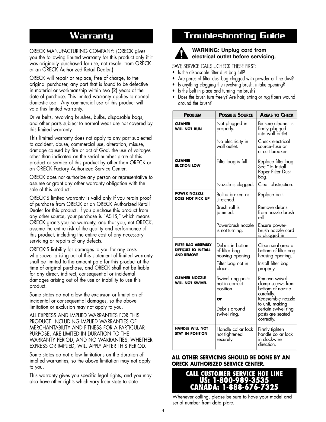 Oreck APU255 warranty Warranty, Troubleshooting Guide 