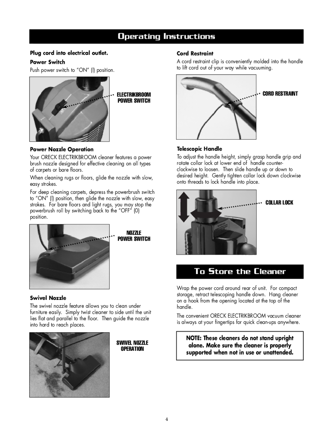 Oreck APU255 warranty Operating Instructions, To Store the Cleaner 