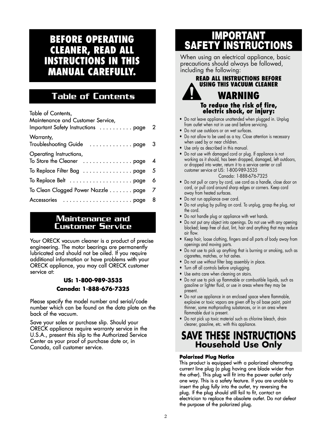 Oreck APU255 Save These Instructions, Table of Contents, Maintenance and Customer Service, Read All Instructions Before 