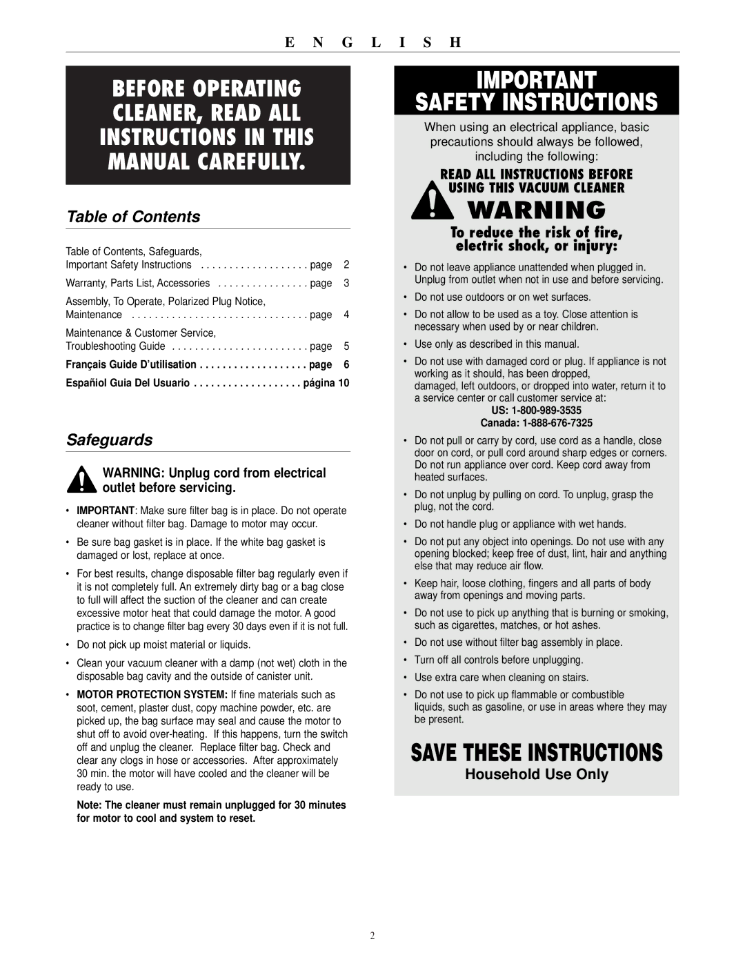 Oreck BB1000 warranty Safety Instructions, Table of Contents, Safeguards 