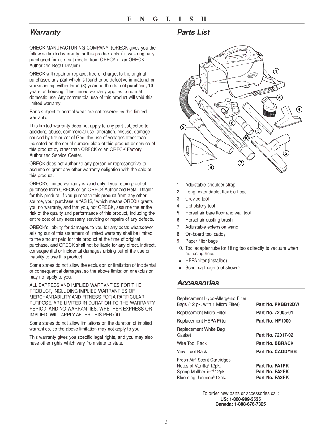 Oreck BB1000 warranty Warranty, Parts List, Accessories 