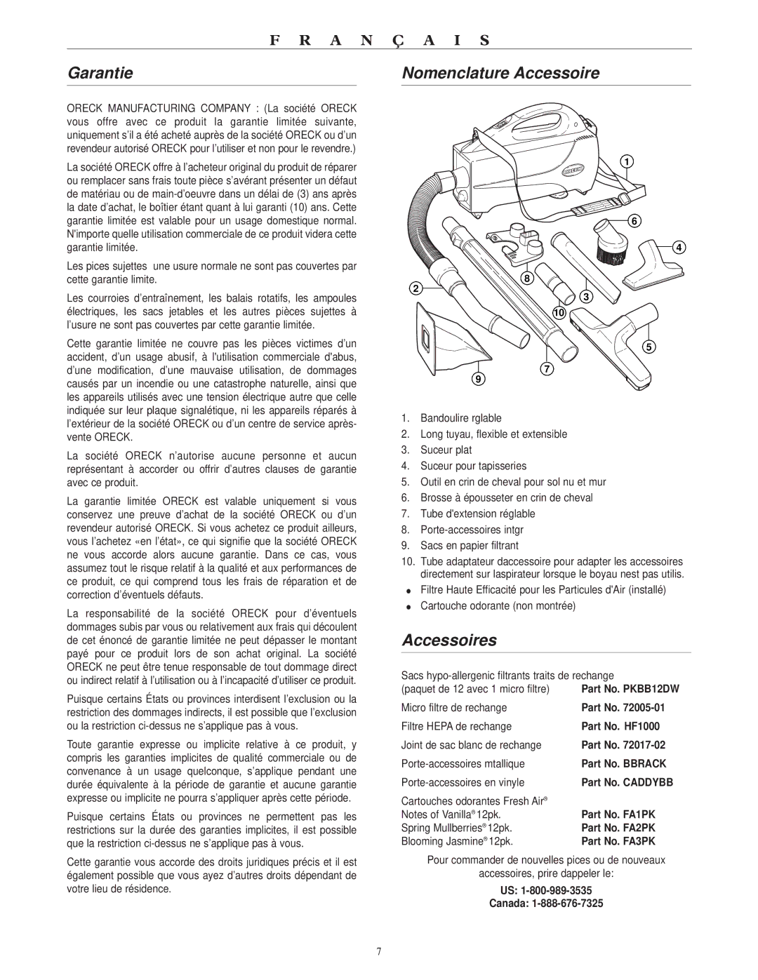 Oreck BB1000 warranty Garantie Nomenclature Accessoire, Accessoires 