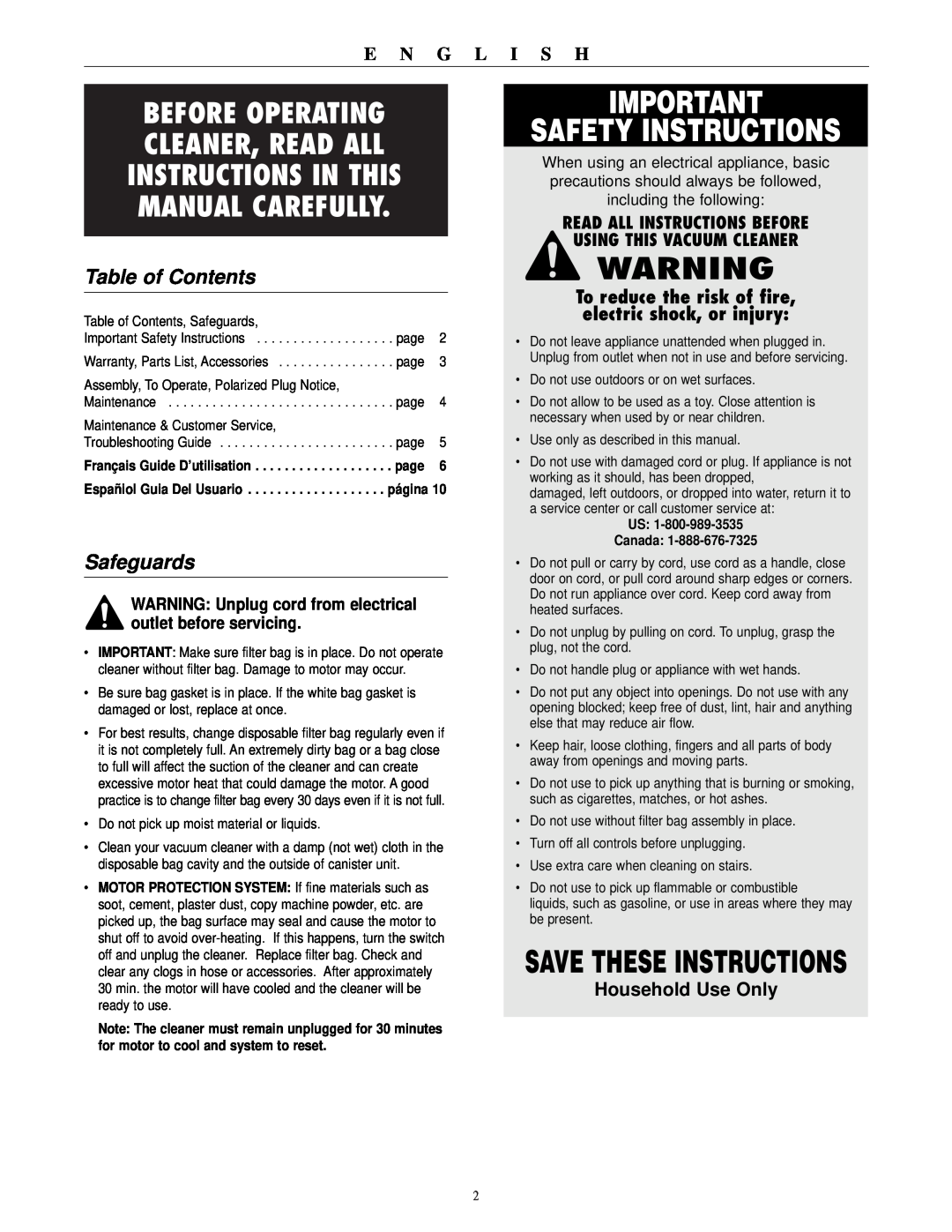 Oreck BB1000 warranty Safety Instructions, Table of Contents, Safeguards, Household Use Only, Read All Instructions Before 