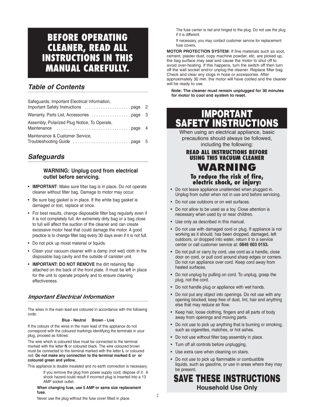 Oreck BB1005 warranty Table of Contents, Safeguards 