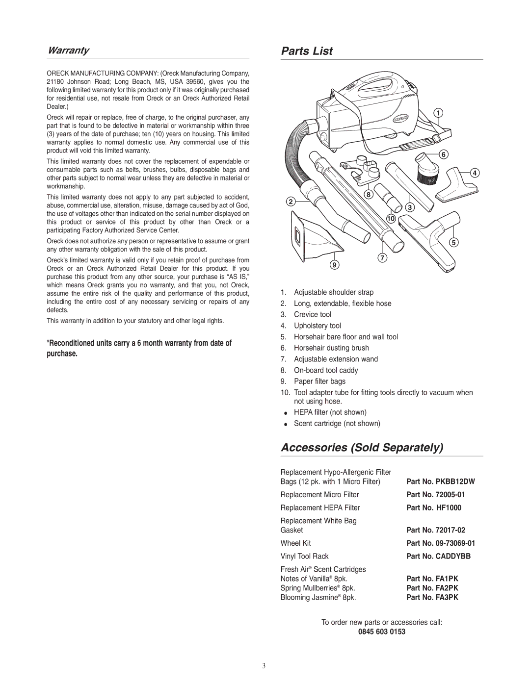 Oreck BB1005 warranty Parts List, Accessories Sold Separately, Warranty 