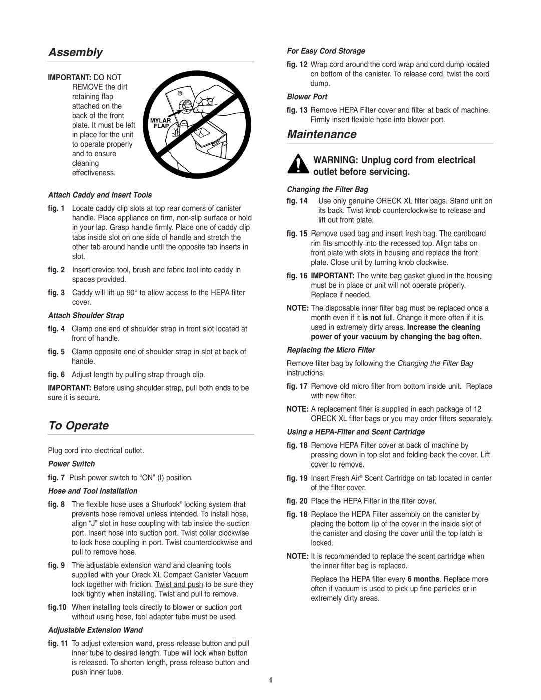 Oreck BB1005 warranty Assembly, To Operate, Maintenance 