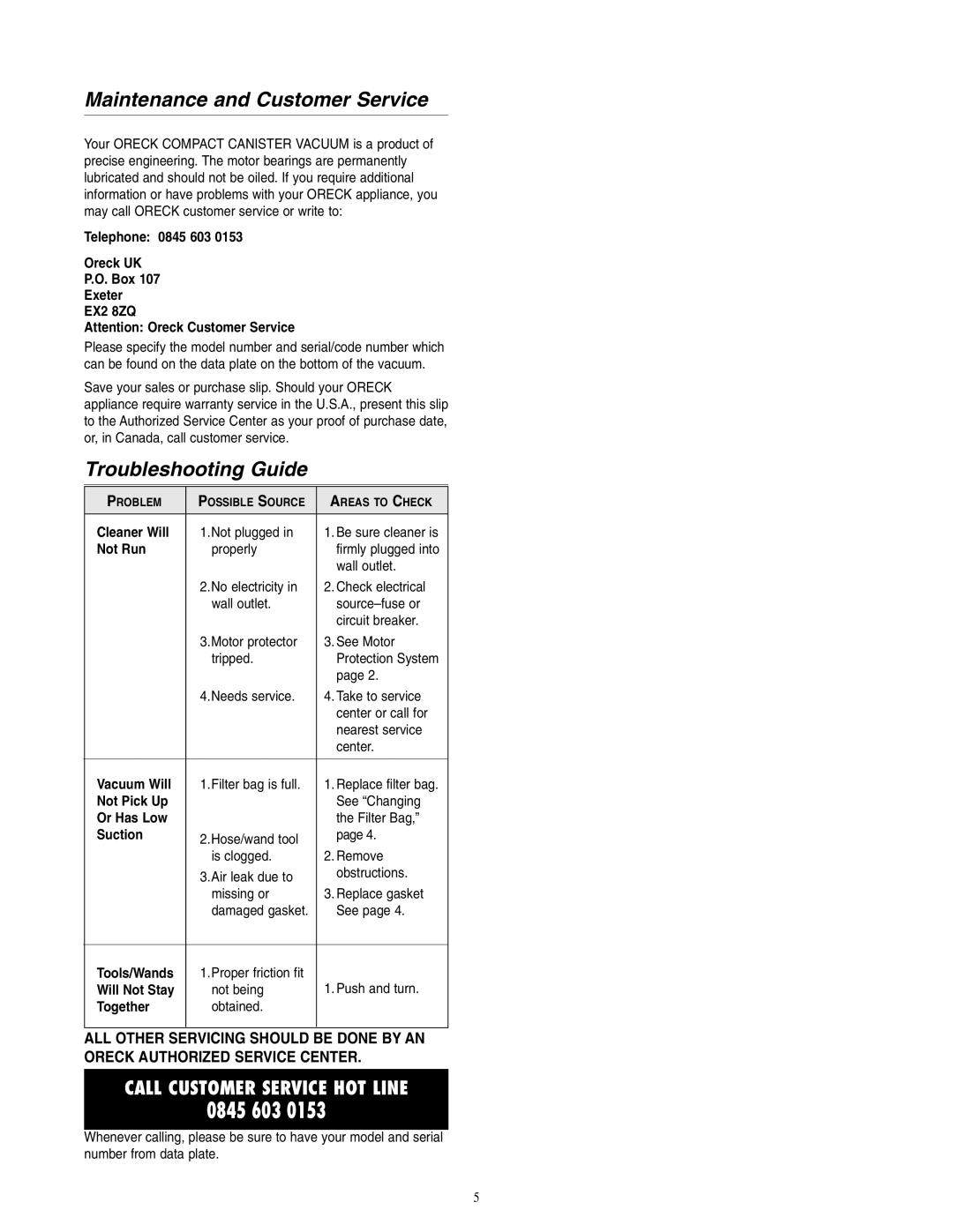 Oreck BB1005 warranty Maintenance and Customer Service, Troubleshooting Guide 