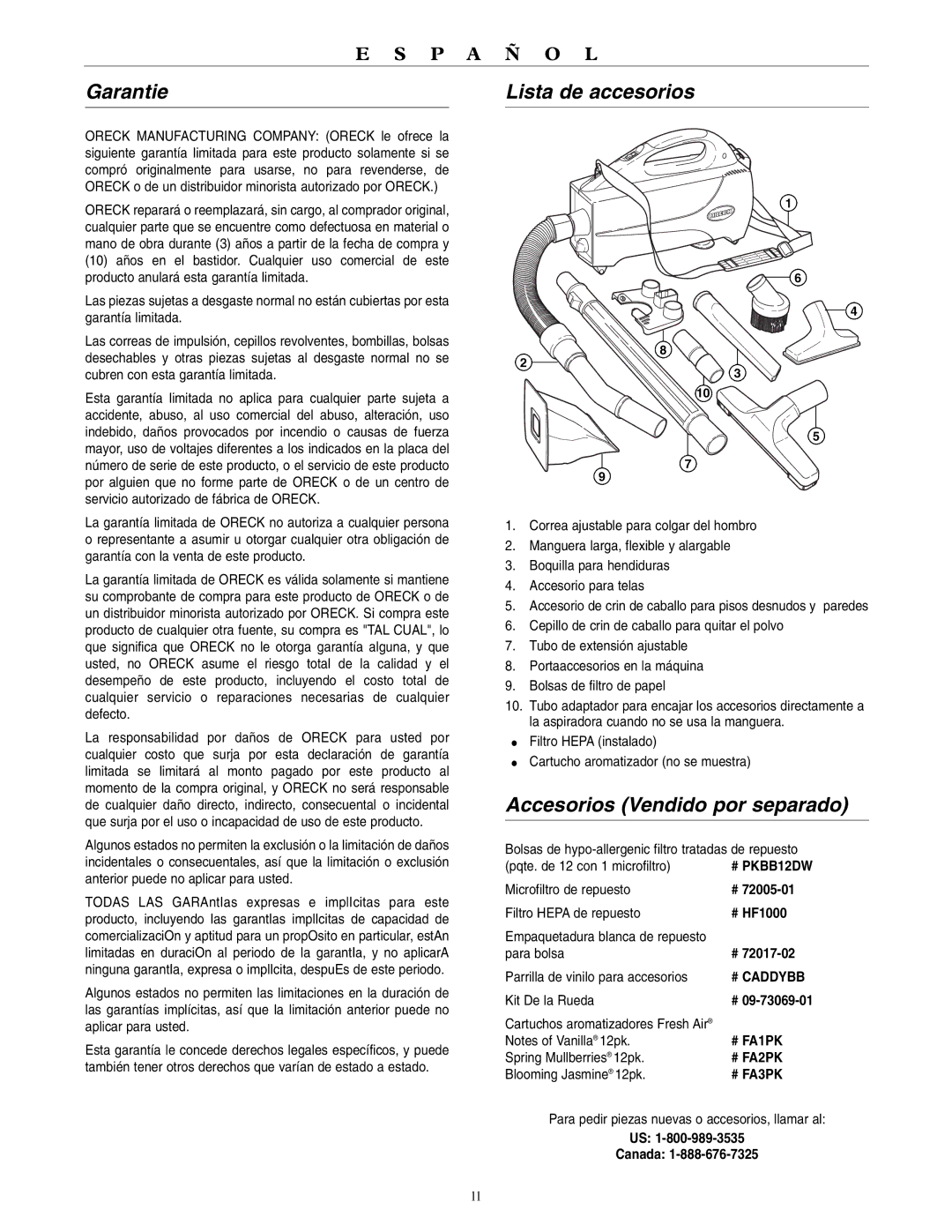 Oreck BB1100 warranty Lista de accesorios, Accesorios Vendido por separado, # HF1000 