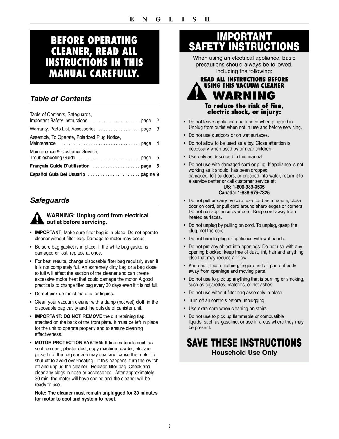 Oreck BB1100 warranty Table of Contents, Safeguards 