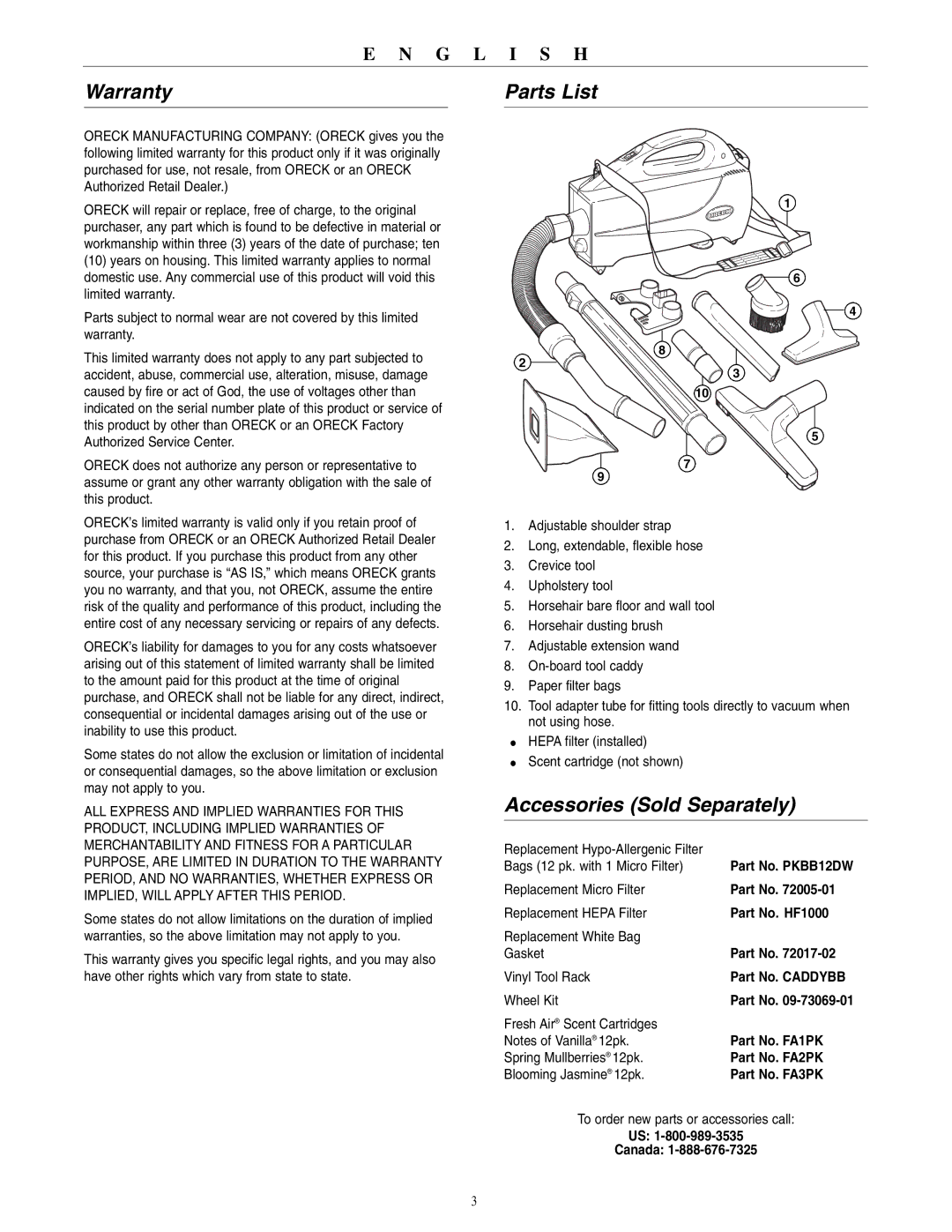 Oreck BB1100 warranty Warranty, Parts List, Accessories Sold Separately 