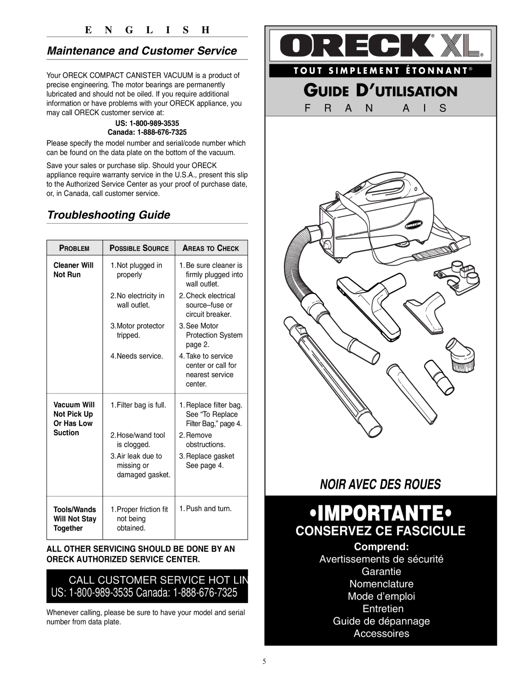 Oreck BB1100 warranty Maintenance and Customer Service, Troubleshooting Guide 