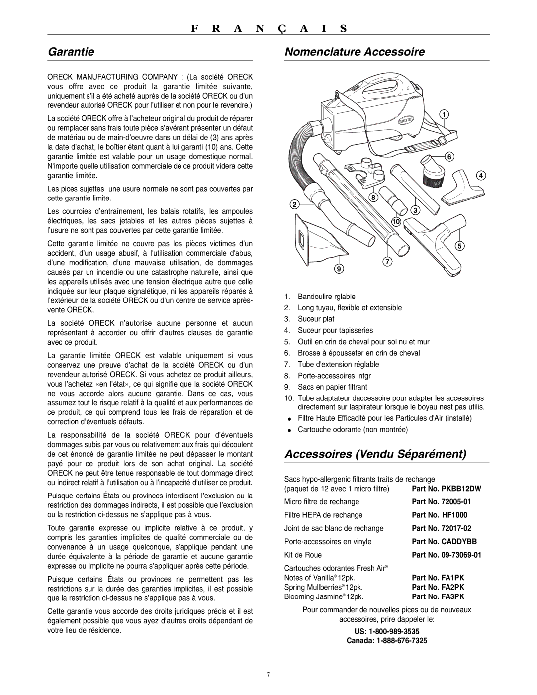 Oreck BB1100 warranty Garantie, Nomenclature Accessoire, Accessoires Vendu Séparément 