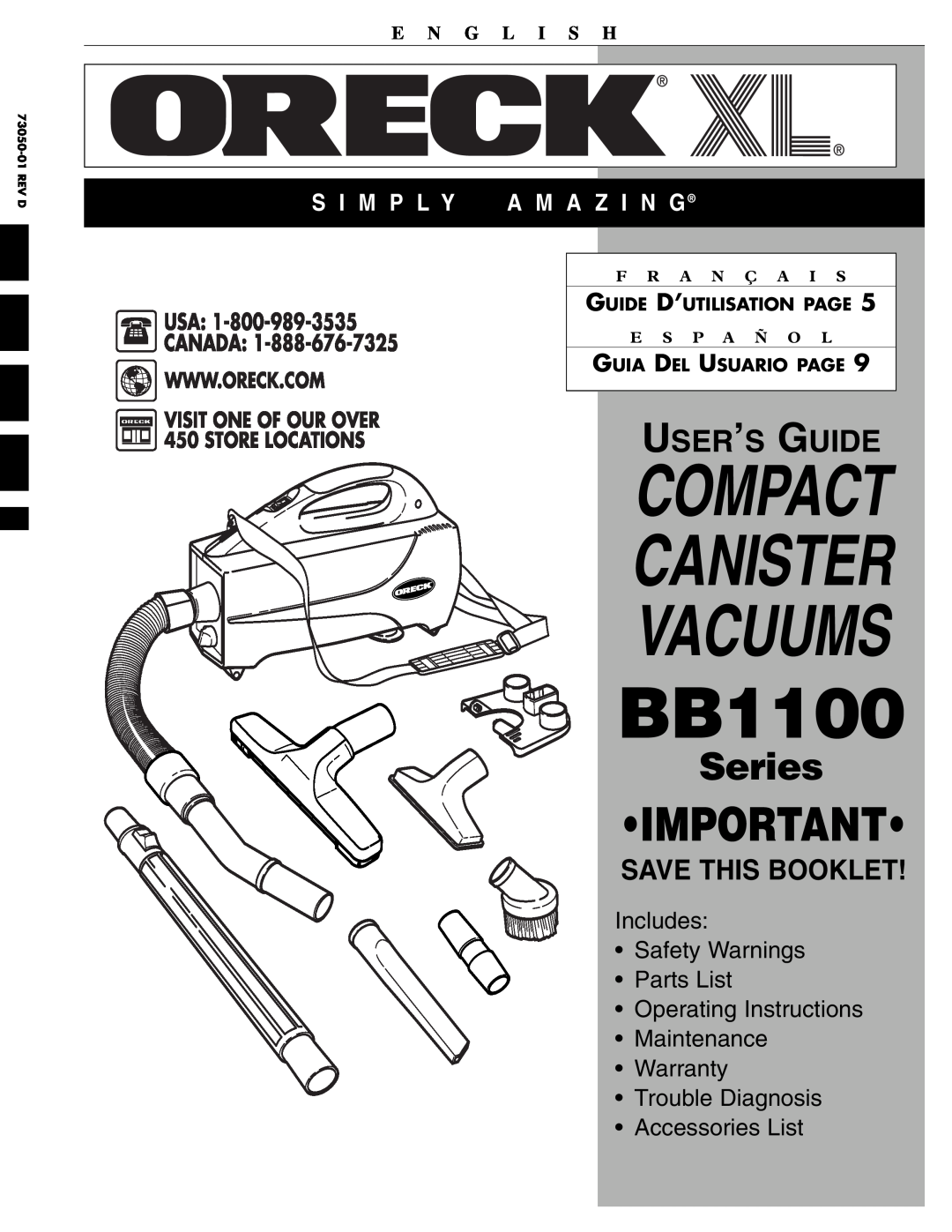 Oreck BB1100 warranty E N G L I S H, Guide D’Utilisation Page, Guia Del Usuario Page, Compact Canister Vacuums, Series 