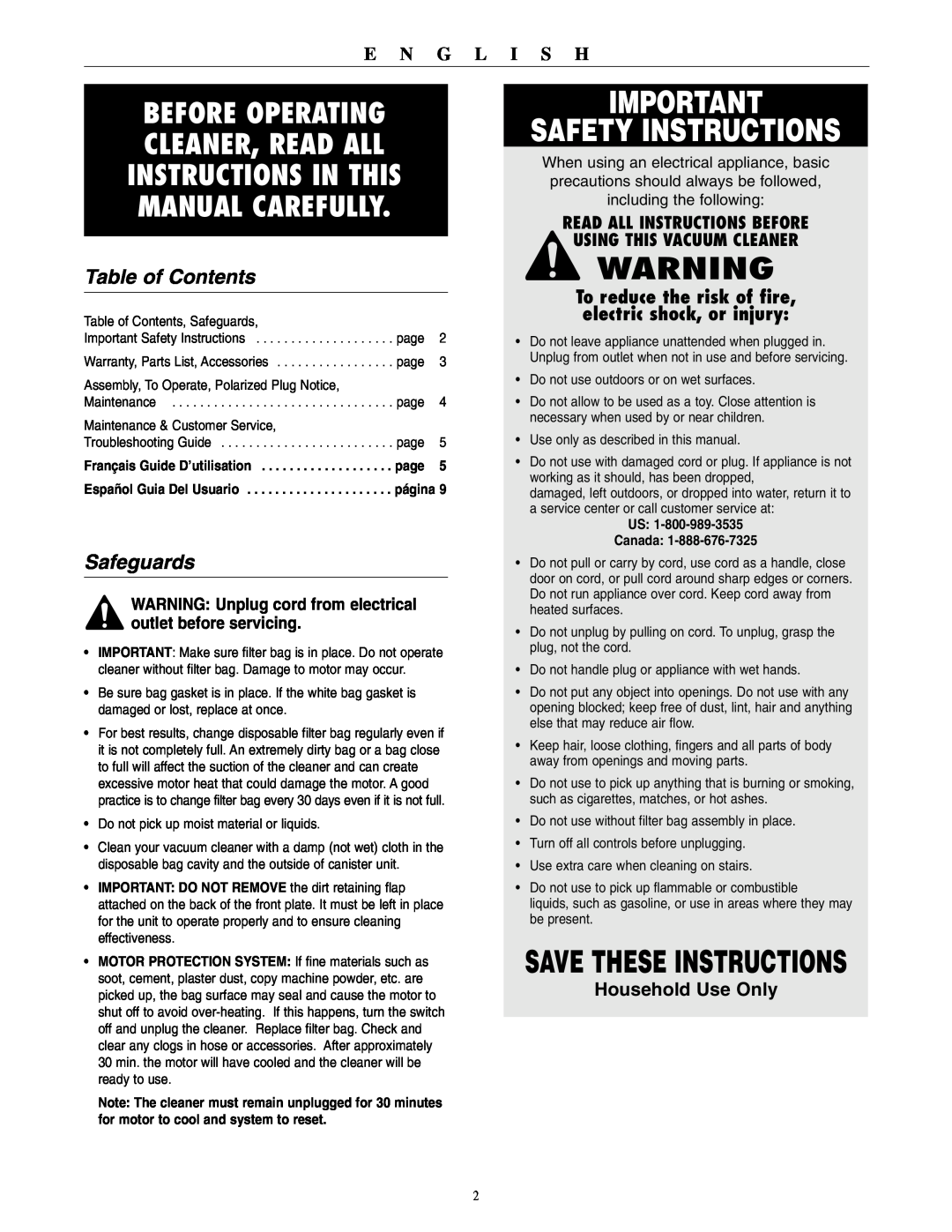 Oreck BB1100 warranty Safety Instructions, Table of Contents, Safeguards, Household Use Only, Read All Instructions Before 