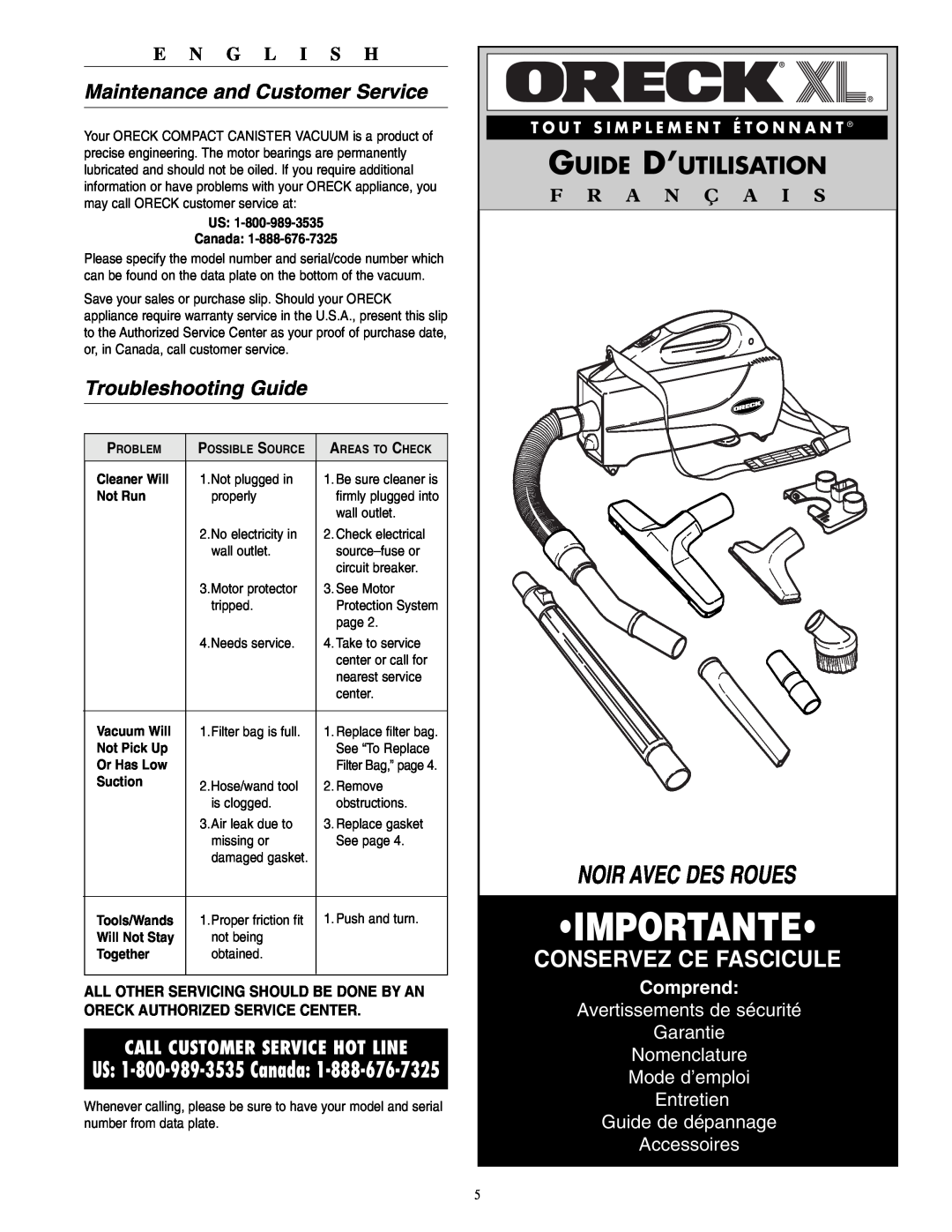 Oreck BB1100 Guide D’Utilisation, Conservez Ce Fascicule, Maintenance and Customer Service, Troubleshooting Guide, A N Ç A 