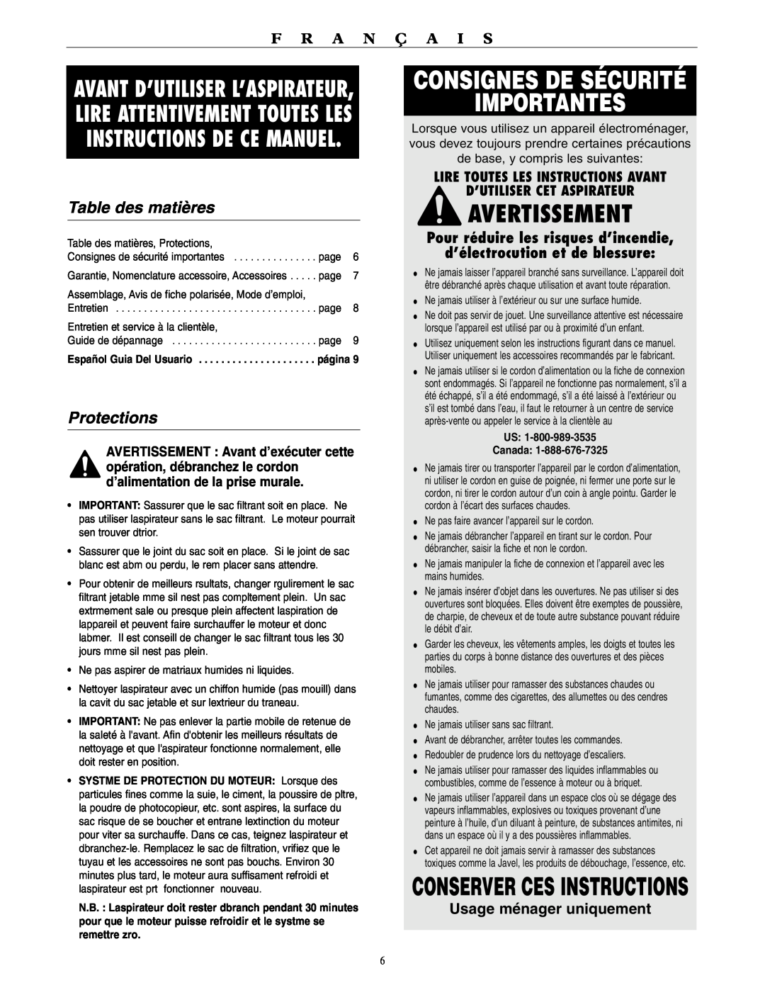Oreck BB1100 Consignes De Sécurité Importantes, Avertissement, Conserver Ces Instructions, Table des matières, Protections 