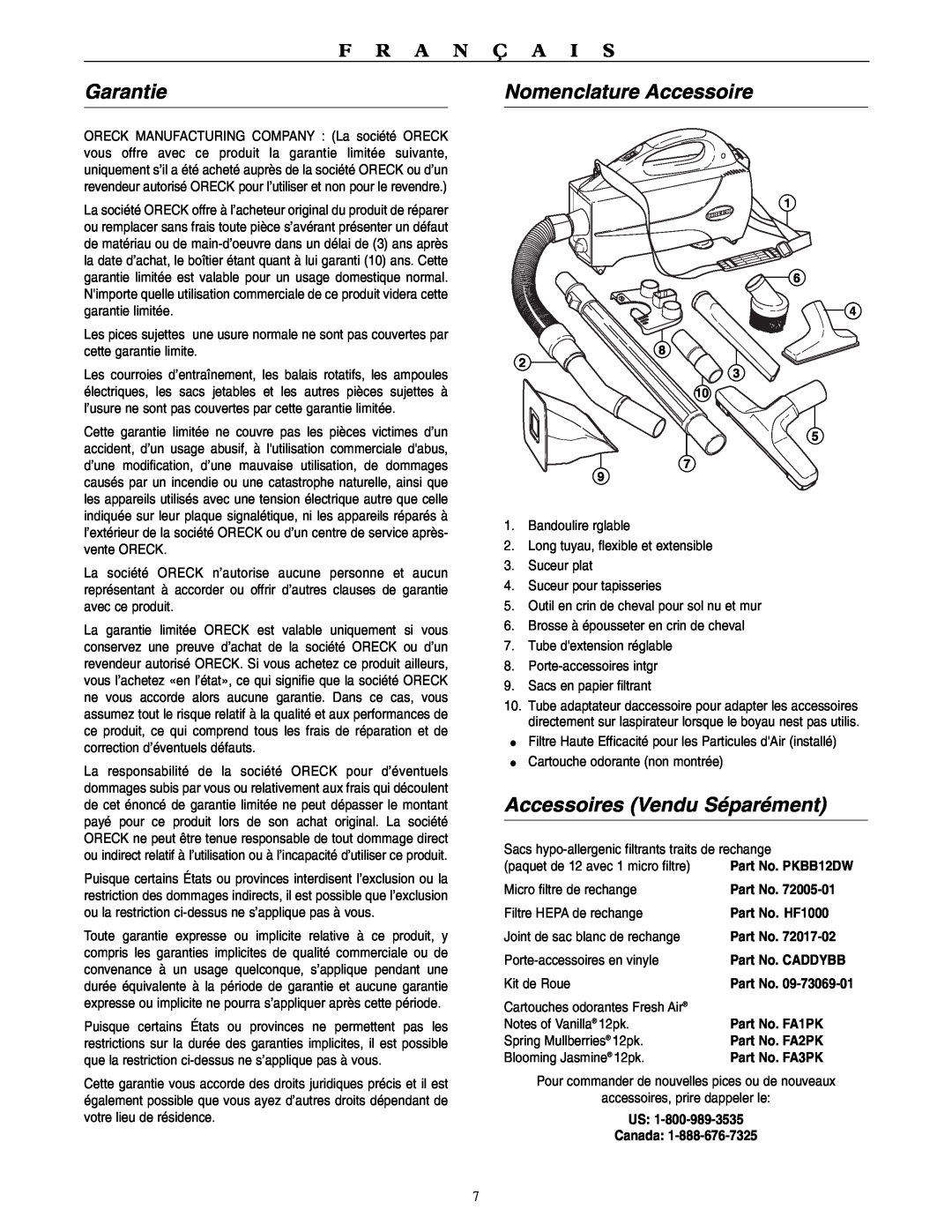 Oreck BB1100 warranty Garantie, Nomenclature Accessoire, Accessoires Vendu Séparément, F R A N Ç A I S 