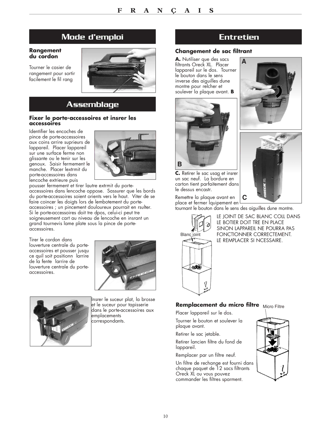 Oreck BB870-AW, BB870AD operating instructions Assemblage, Entretien 