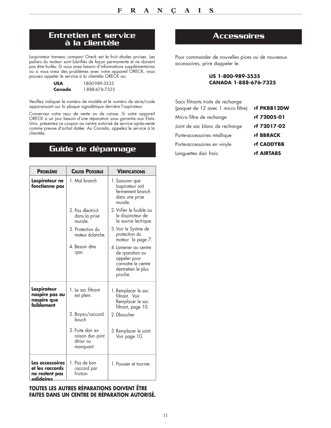 Oreck BB870AD, BB870-AW operating instructions Entretien et service La clientèle, Guide de dépannage, Accessoires 