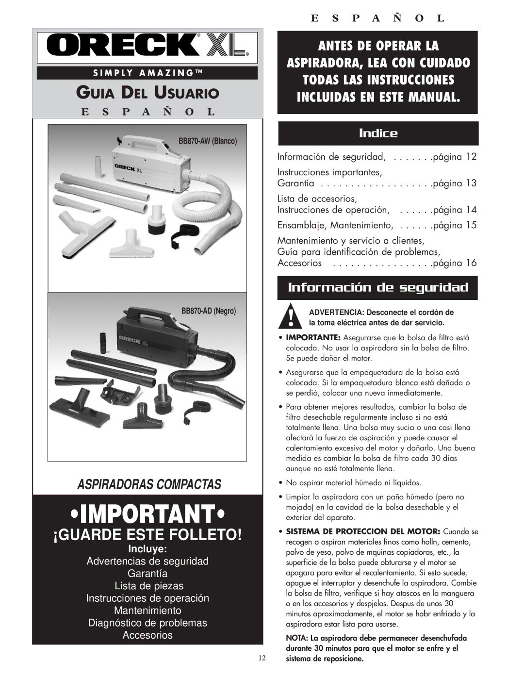 Oreck BB870AD operating instructions Información de seguridad, Indice, BB870-AW Blanco BB870-AD Negro 