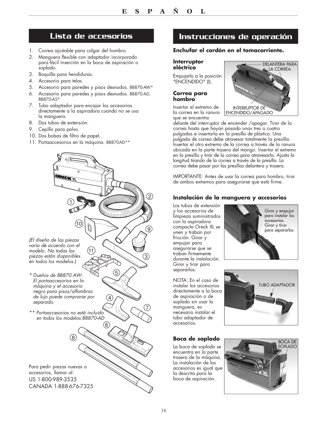 Oreck BB870-AW, BB870AD operating instructions Lista de accesorios, Instrucciones de operación 