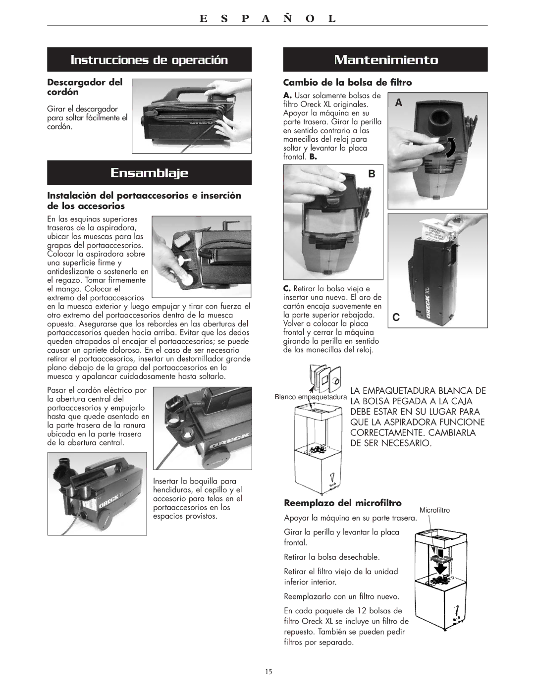 Oreck BB870AD Ensamblaje, Mantenimiento, Descargador del cordón, Cambio de la bolsa de filtro, Reemplazo del microfiltro 