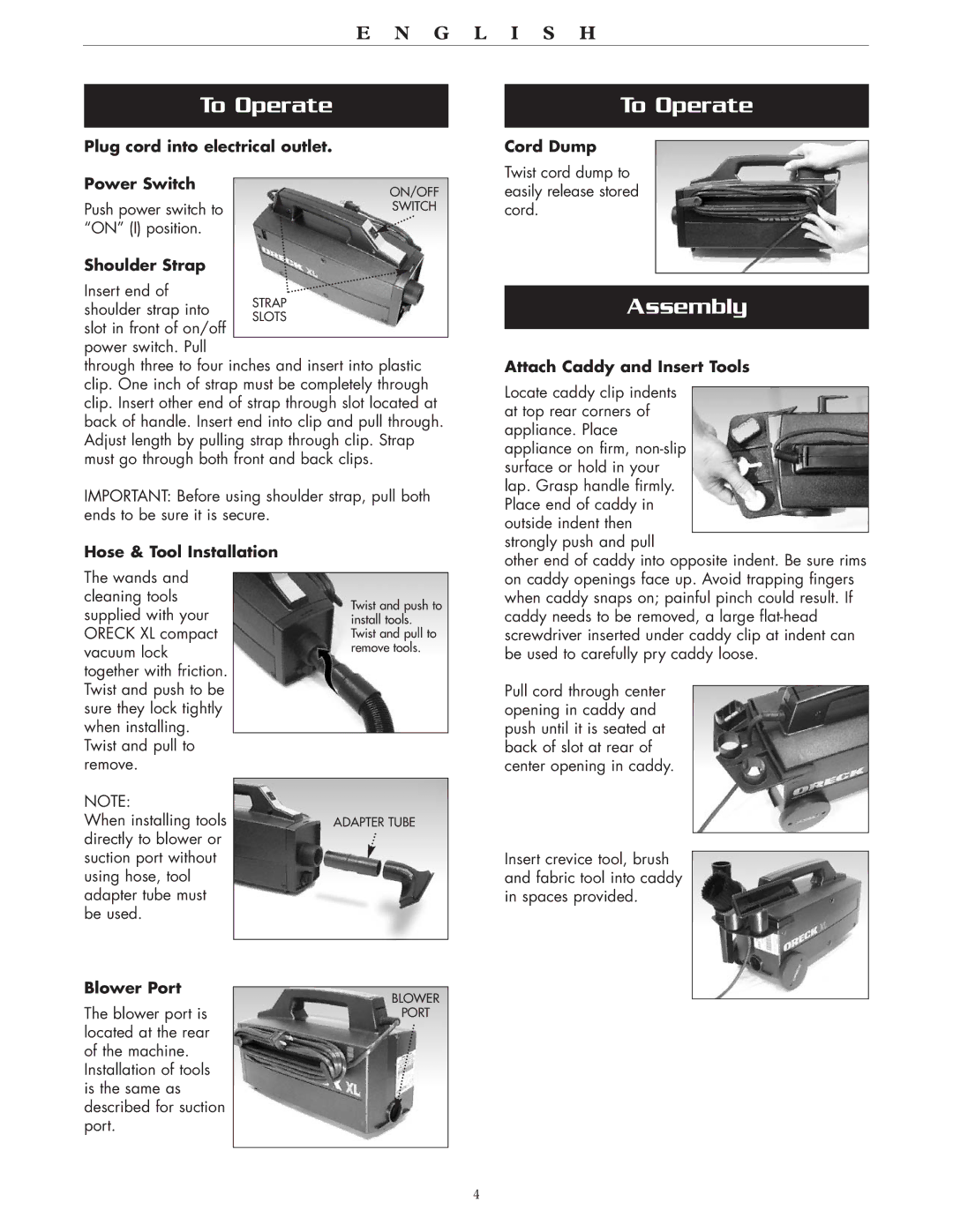 Oreck BB870-AW, BB870AD operating instructions To Operate, Assembly 