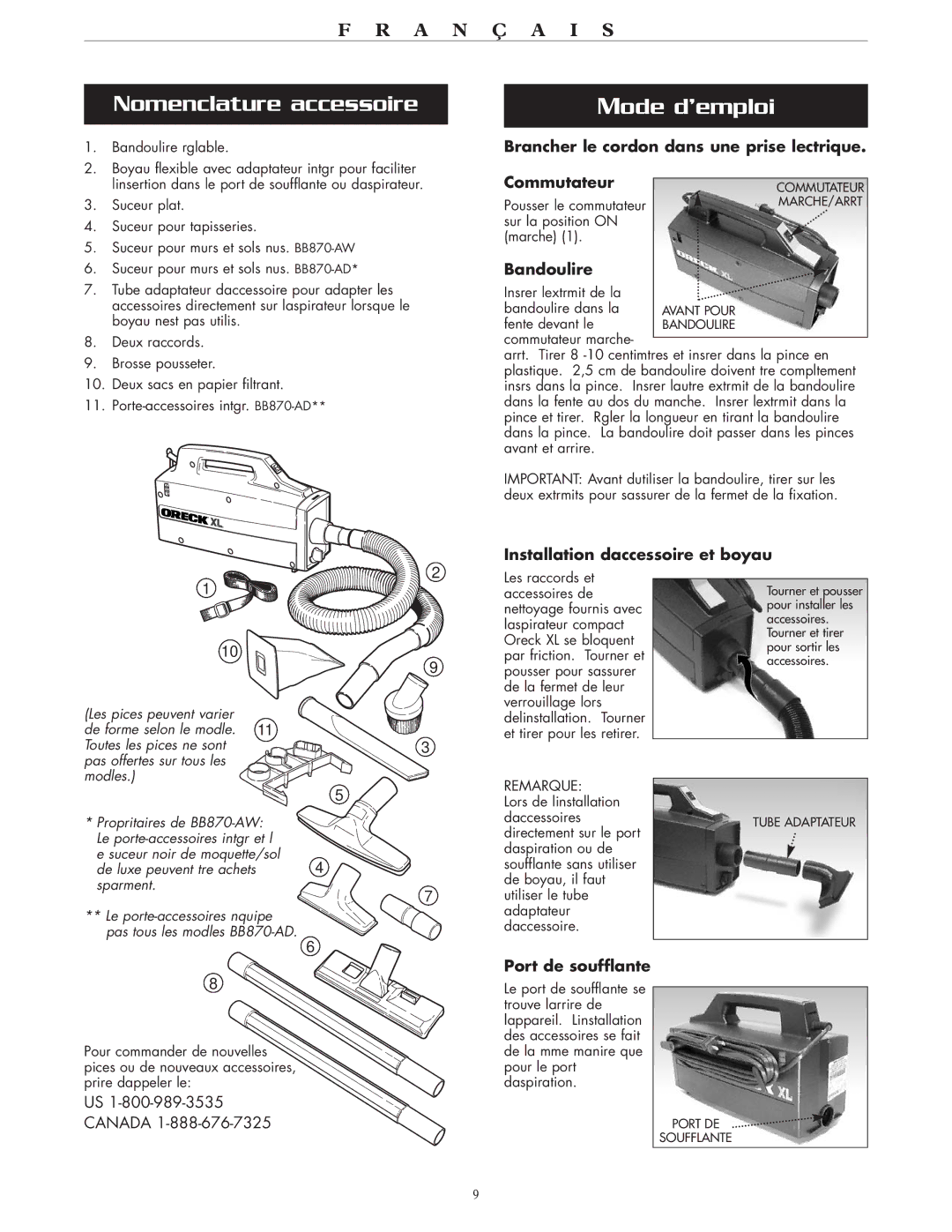 Oreck BB870AD, BB870-AW operating instructions Nomenclature accessoire, Mode d’emploi 