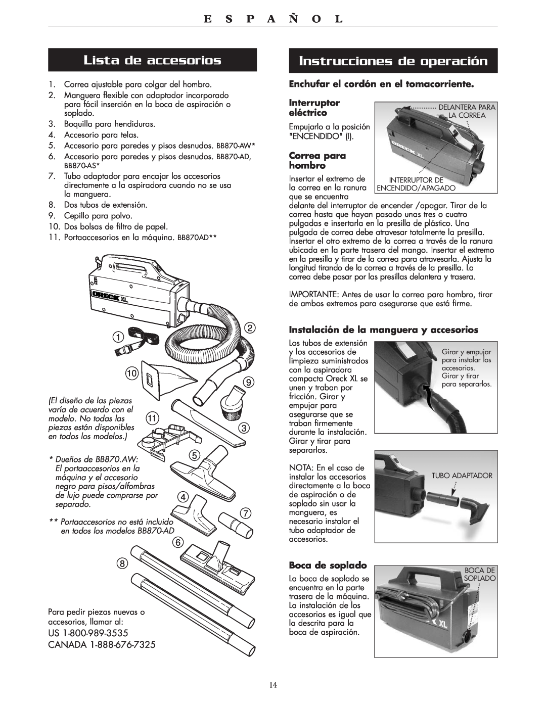 Oreck BB870-AW Lista de accesorios, Instrucciones de operación, E S P A Ñ O L, Enchufar el cordón en el tomacorriente 