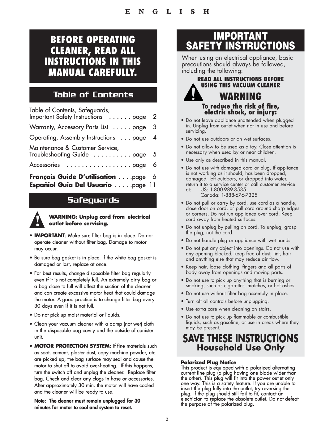 Oreck BB870-AW, BB870AD Safety Instructions, Save These Instructions, Table of Contents, Safeguards, Household Use Only 