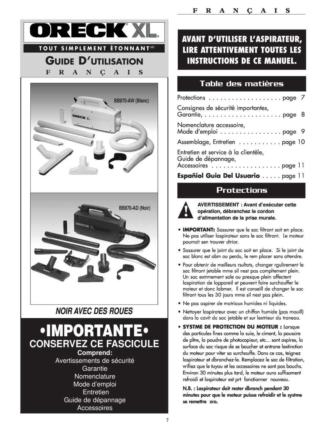 Oreck BB870AD Importante, Conservez Ce Fascicule, Guide D’Utilisation, Table des matières, Protections, F R A N Ç A I S 