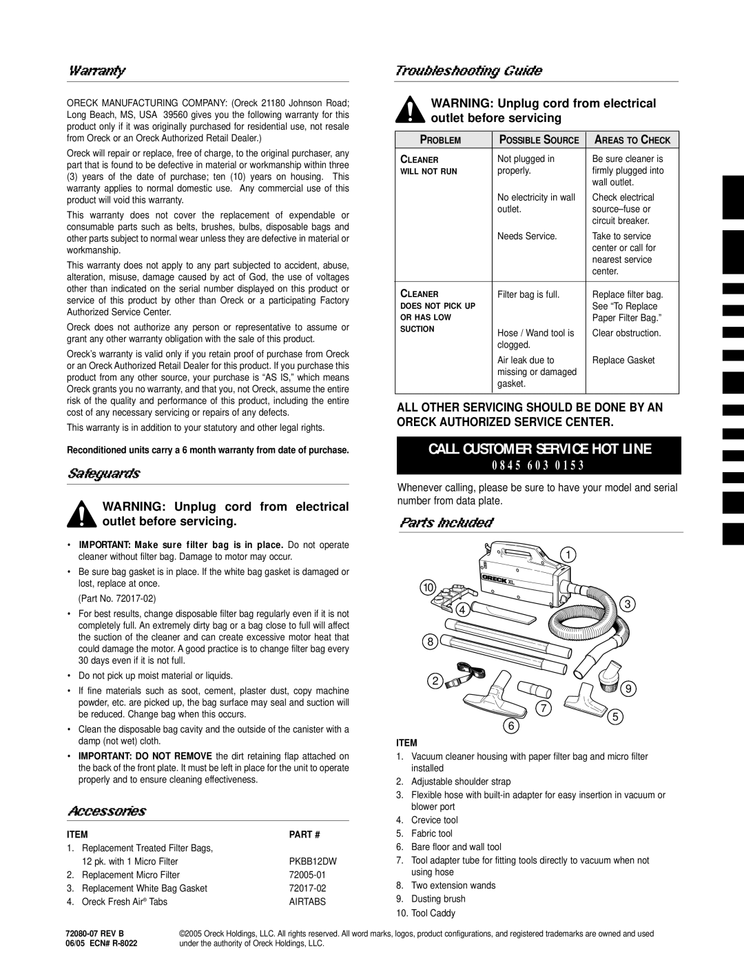 Oreck BB870-QD, BB870-EW, BB870-ED warranty Call Customer Service HOT Line 