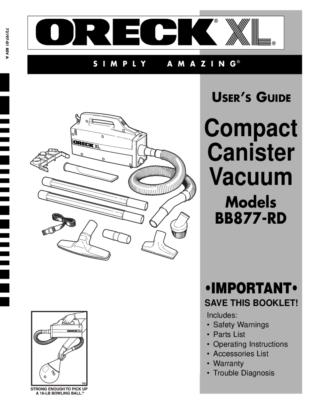 Oreck BB877-RD operating instructions Compact Canister Vacuum 