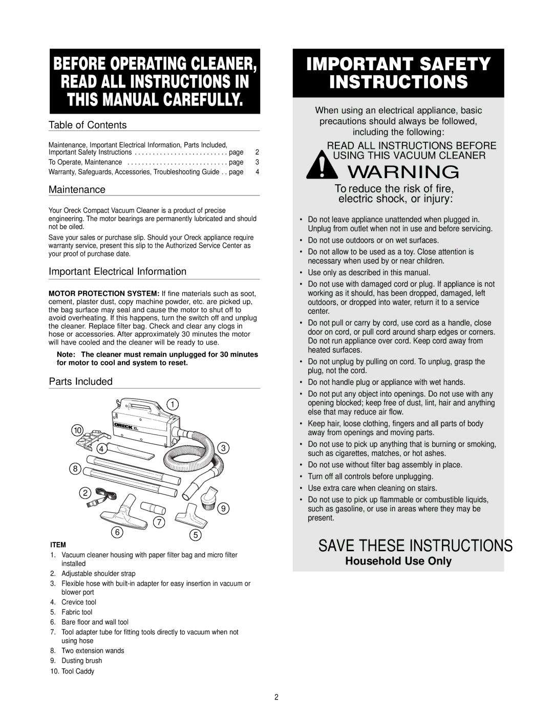 Oreck BB877-RD operating instructions Table of Contents, Maintenance, Important Electrical Information, Parts Included 