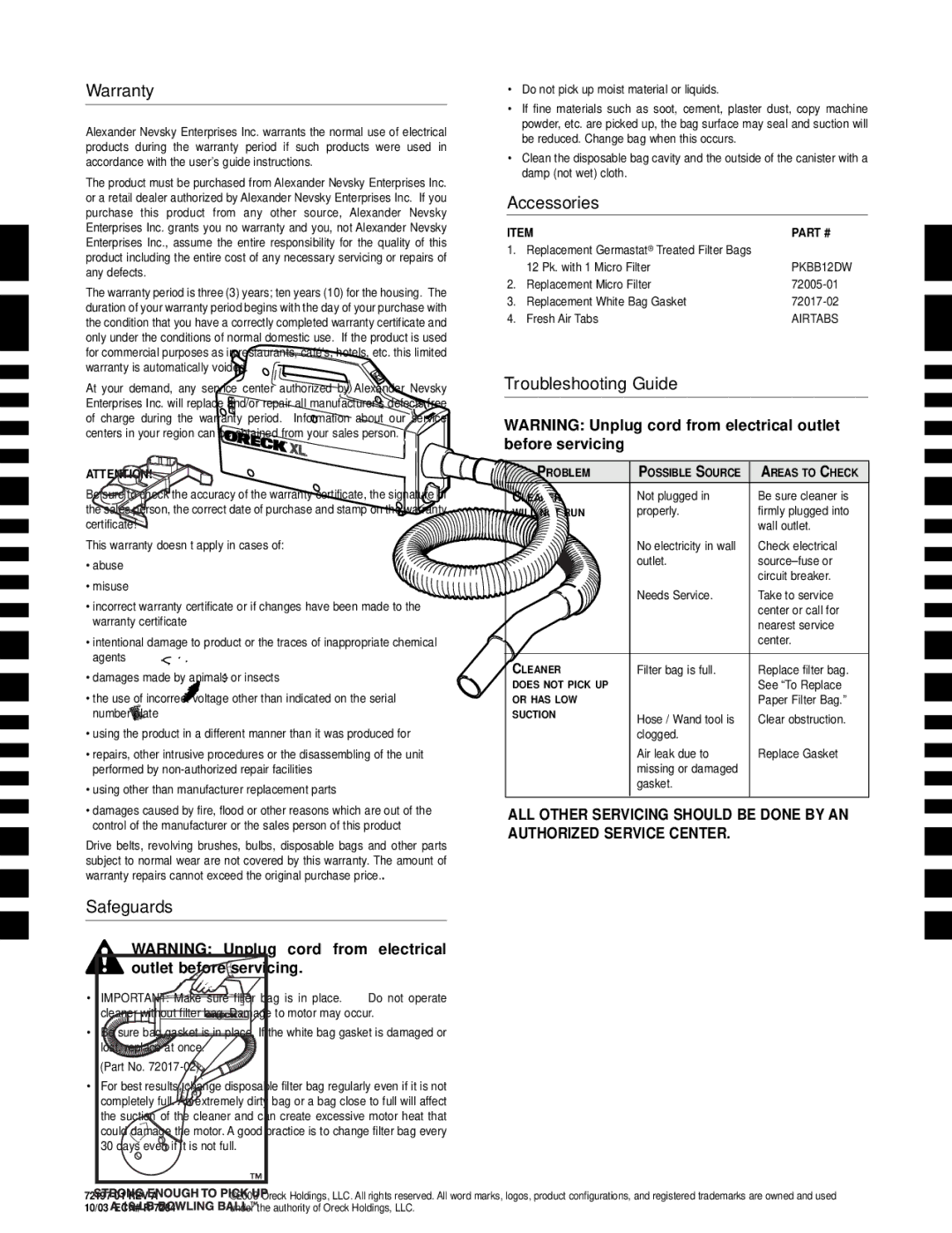 Oreck BB877-RD operating instructions Warranty, Safeguards, Accessories, Troubleshooting Guide 