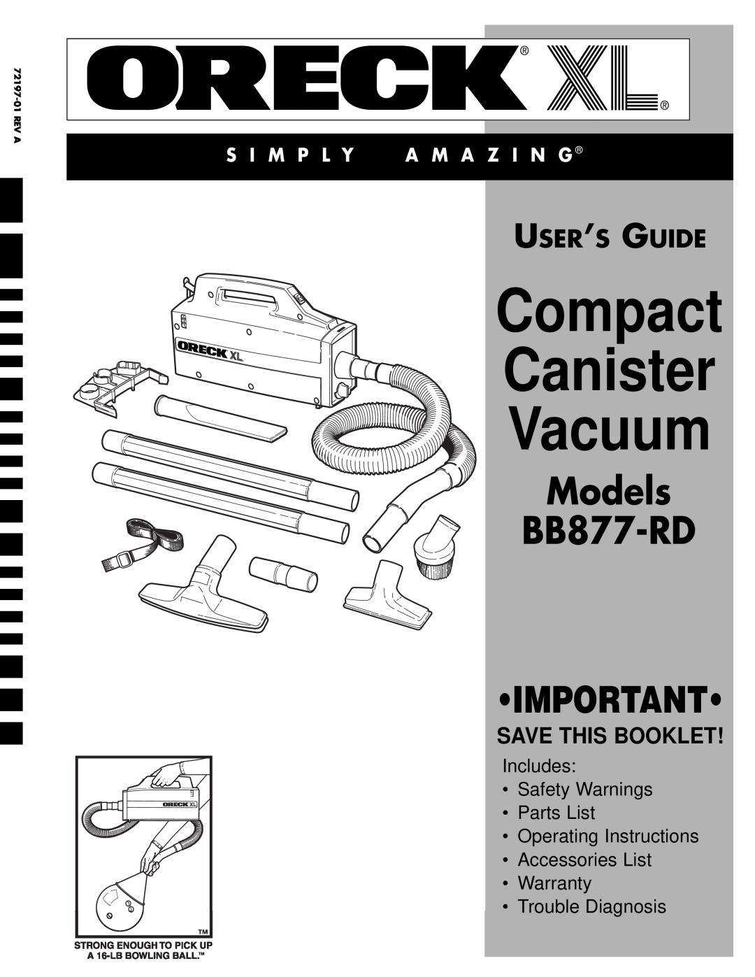 Oreck operating instructions Save This Booklet, Compact Canister Vacuum, Models BB877-RD IMPORTANT, User’S Guide 
